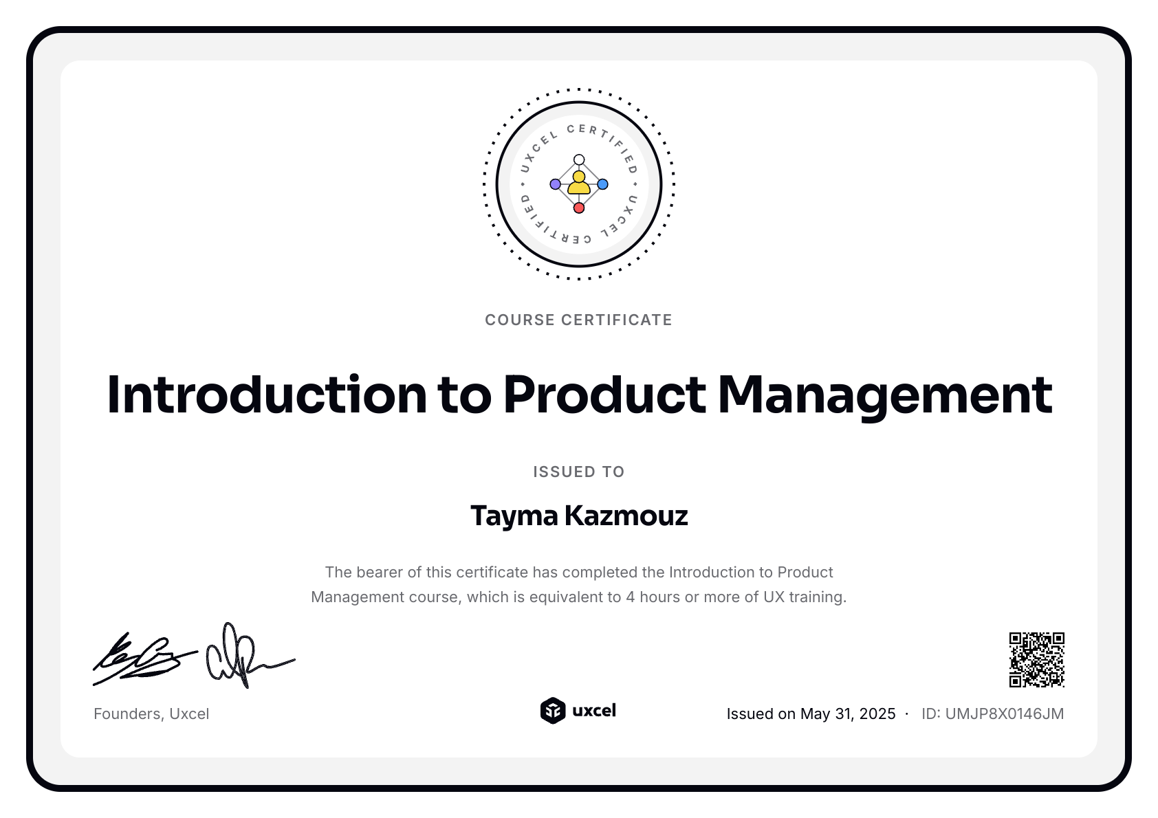 Tayma Kazmouz's certificate